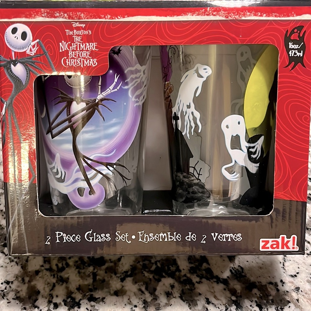 Never Used Zak! Disney Tim Burton Nightmare Before Christmas 2 piece Glass Set
